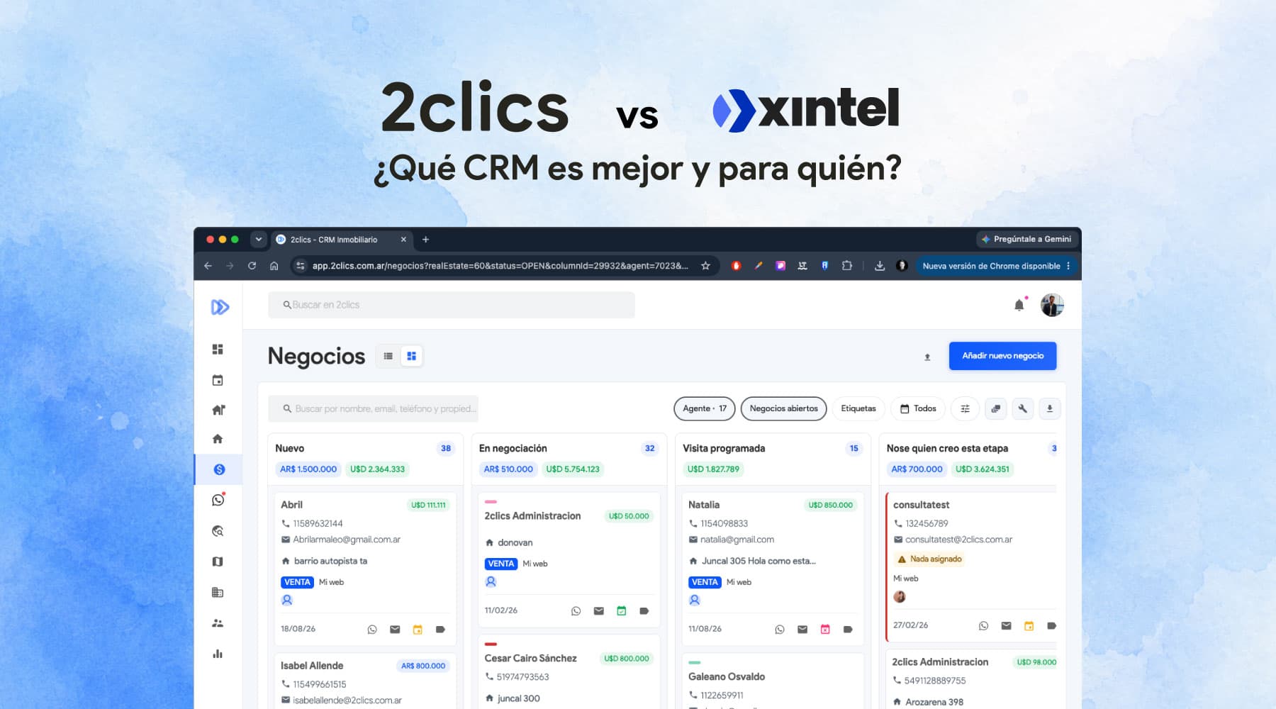 Comparativa entre 2clics y Xintel: qué CRM inmobiliario es mejor y para quién
