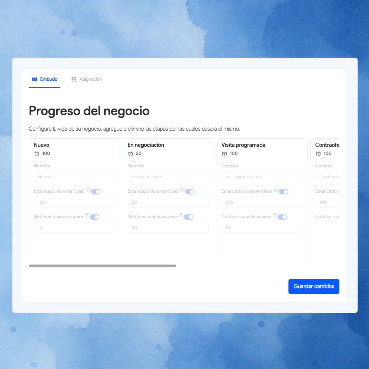 Configuración de etapas y avance del embudo de negocios en 2clics