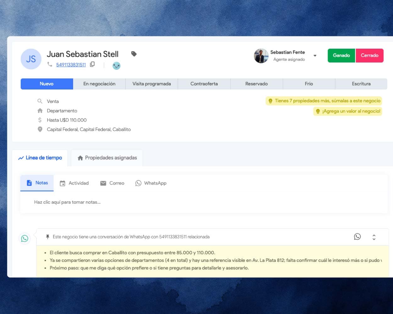 Hoomi creando un negocio dentro del CRM inmobiliario