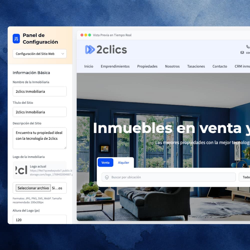 Panel de configuración y vista previa de una página web inmobiliaria en 2clics