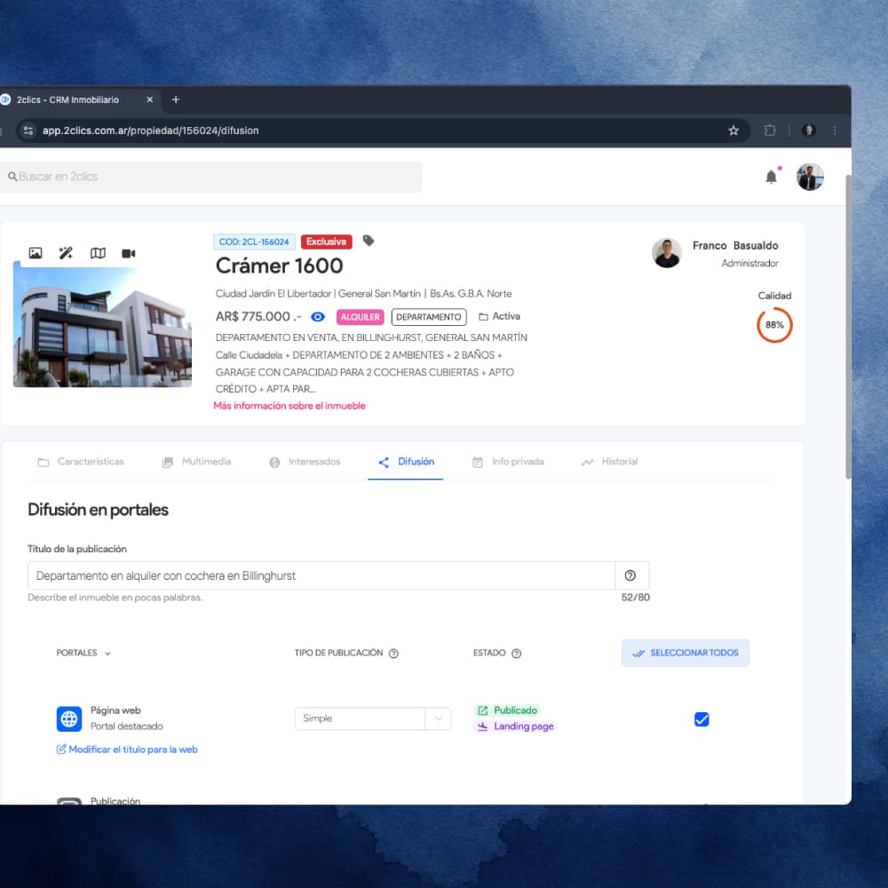 Pantalla de difusión de una propiedad en el CRM inmobiliario 2clics