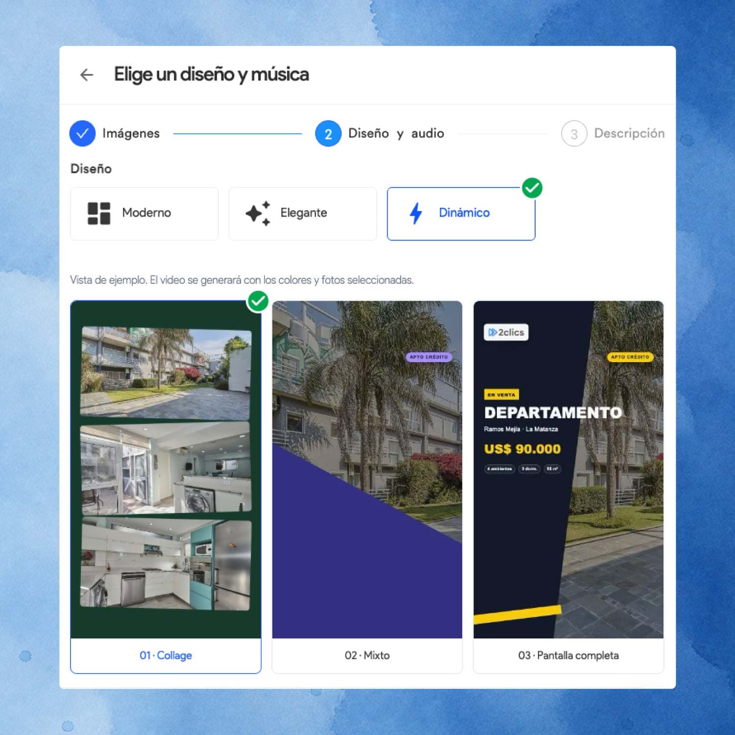 Selección de plantilla y motivo para crear un reel en 2clicsApp