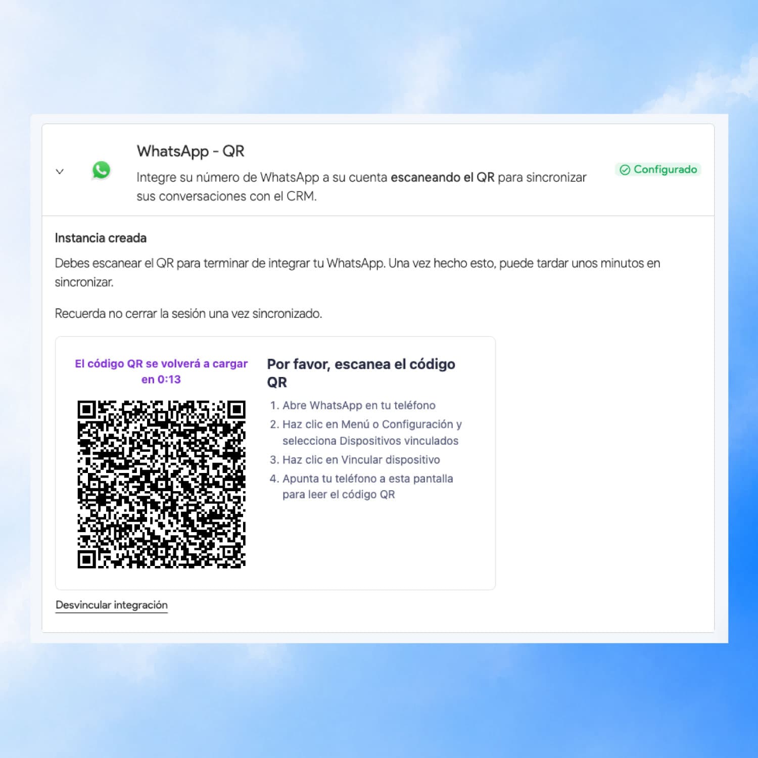 Integración de WhatsApp mediante código QR en 2clics