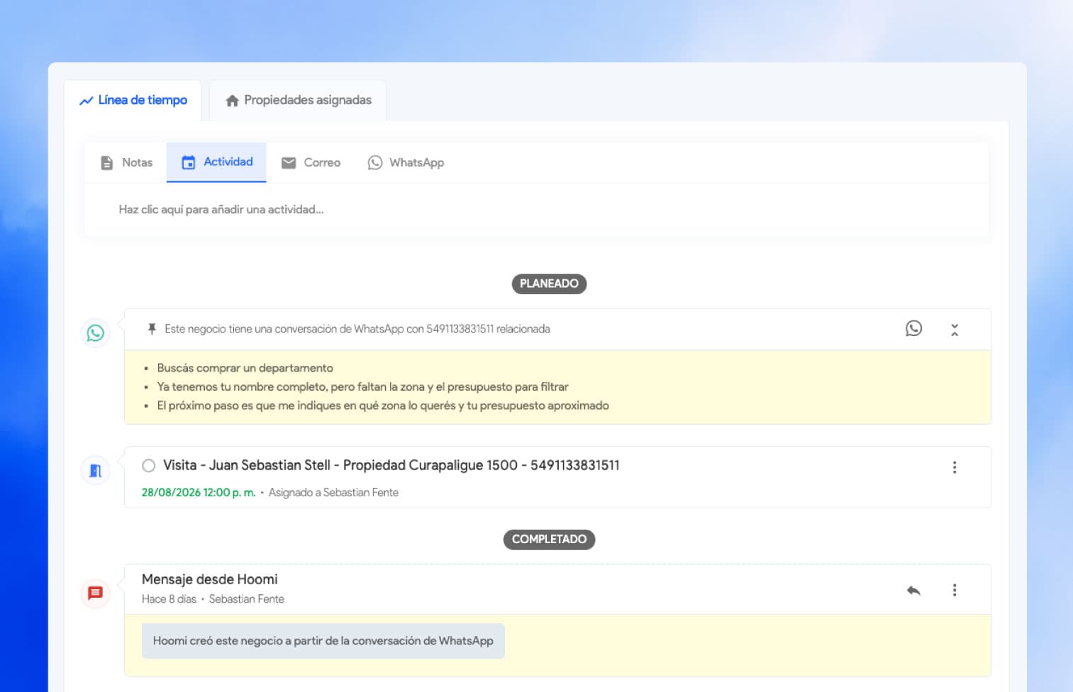 Línea de tiempo de actividades y comunicaciones de un negocio en 2clics