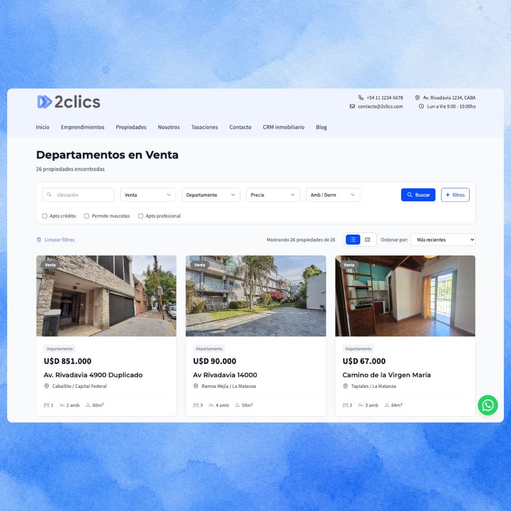 Listado de propiedades propias y compartidas dentro del sitio web