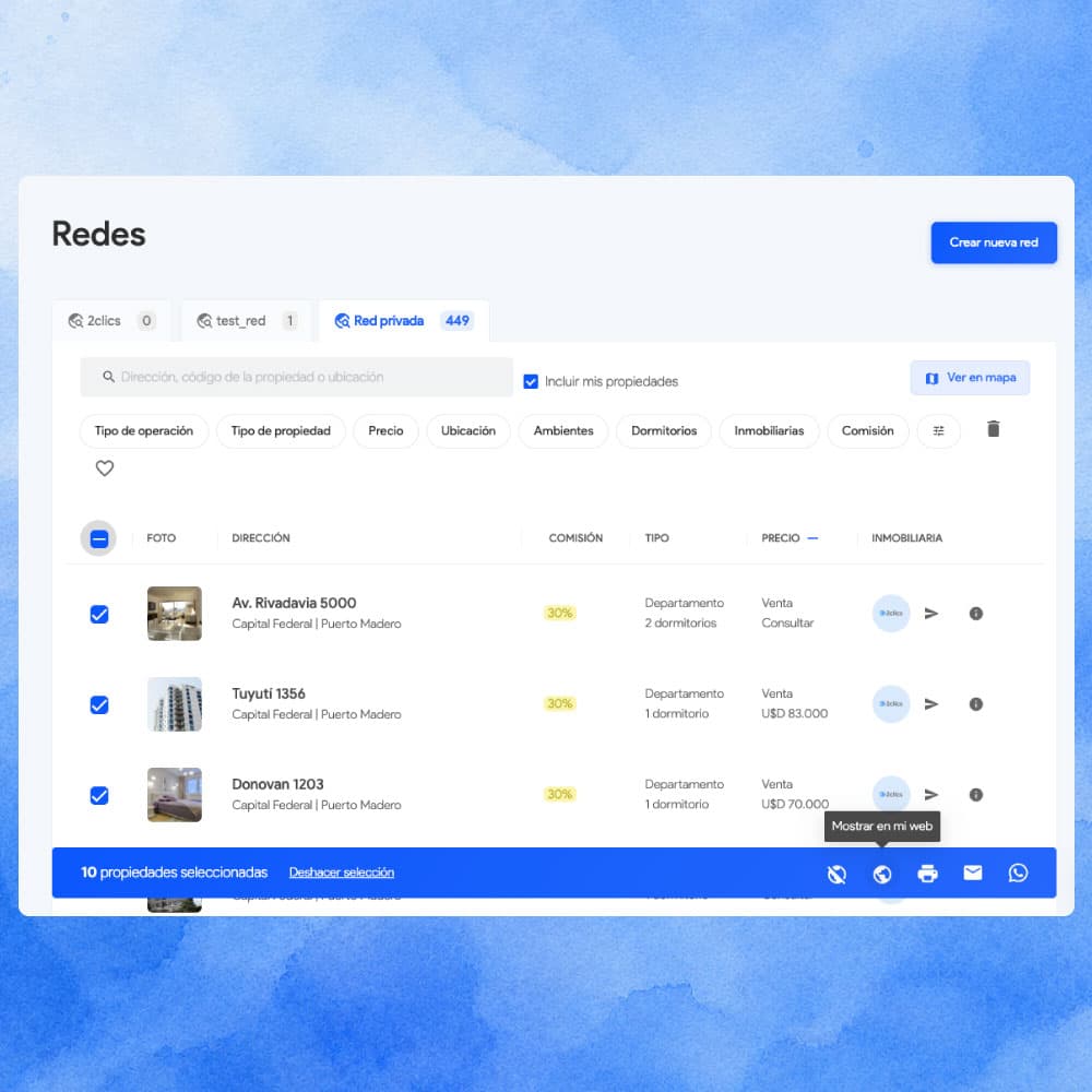 Configuración para mostrar u ocultar propiedades de una red privada en el sitio web