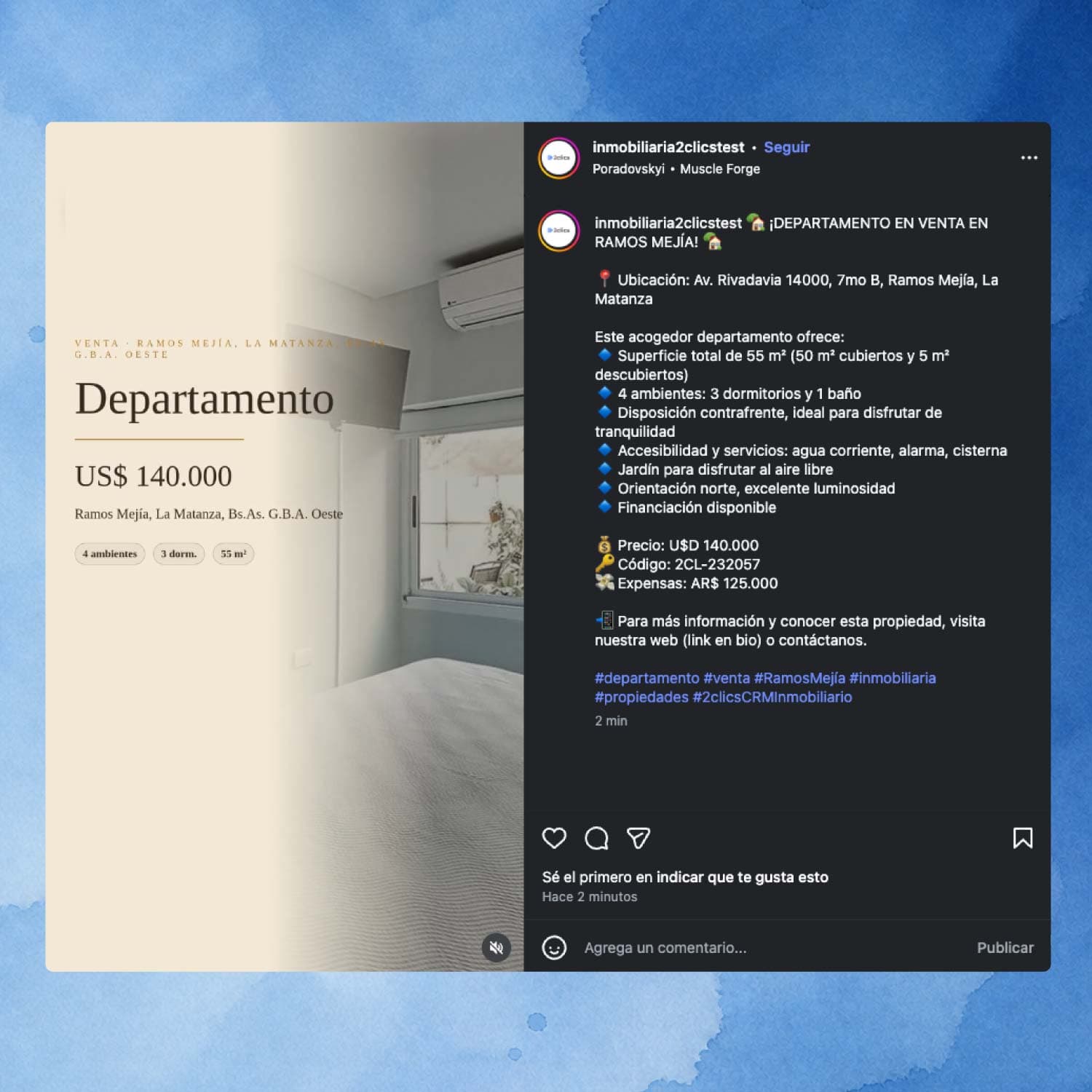 Publicación de reels de propiedades en Instagram desde 2clicsApp