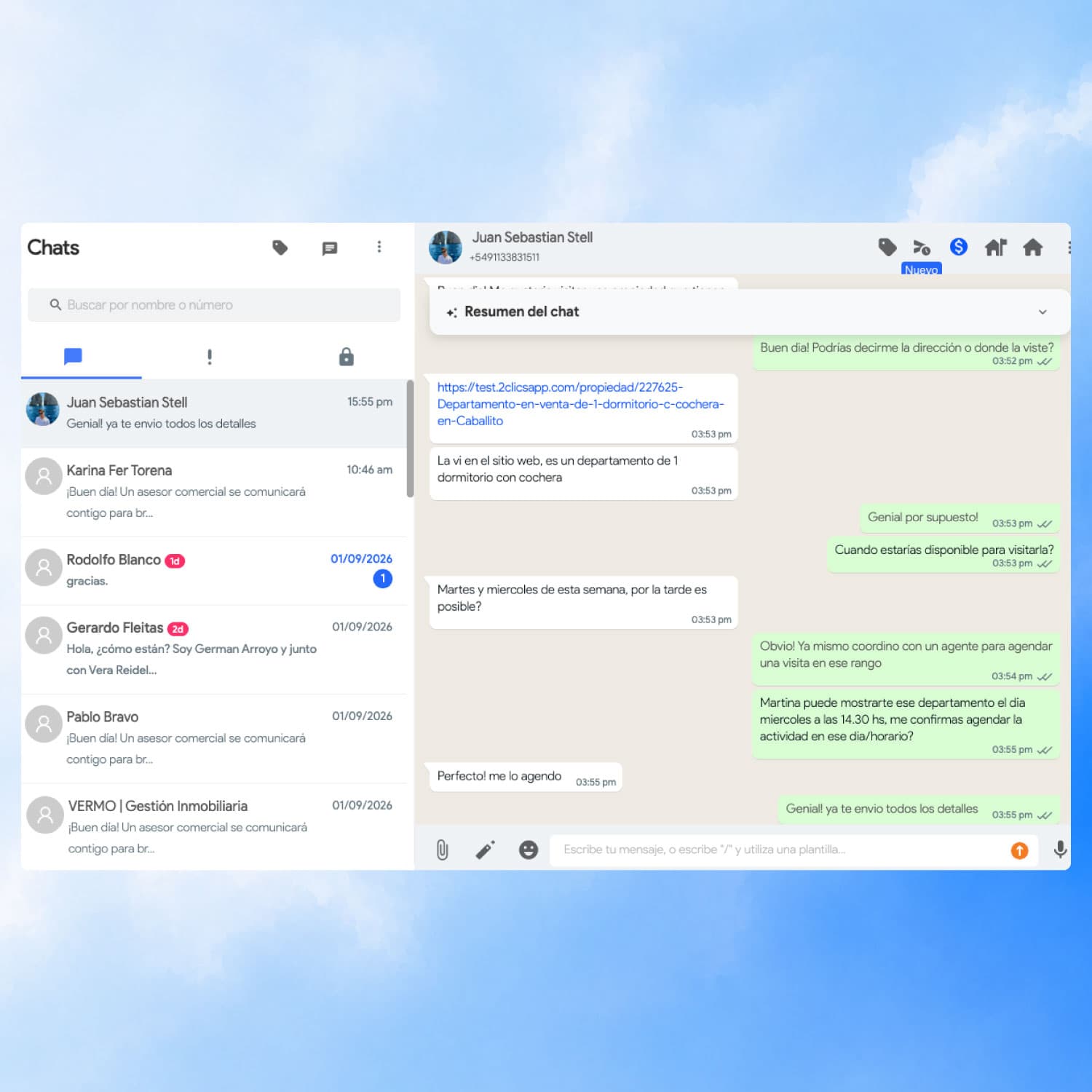 Chats de WhatsApp vinculados con negocios en 2clics